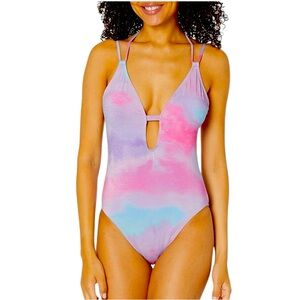 BCBGeneration Women's One Piece Glitter Tie Dye Double Strap Keyhole Swimsuit